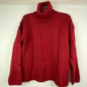 Carraig Donn Red 100% Merino Wool Cable Knit Aran Turtleneck Sweater XXL Ireland